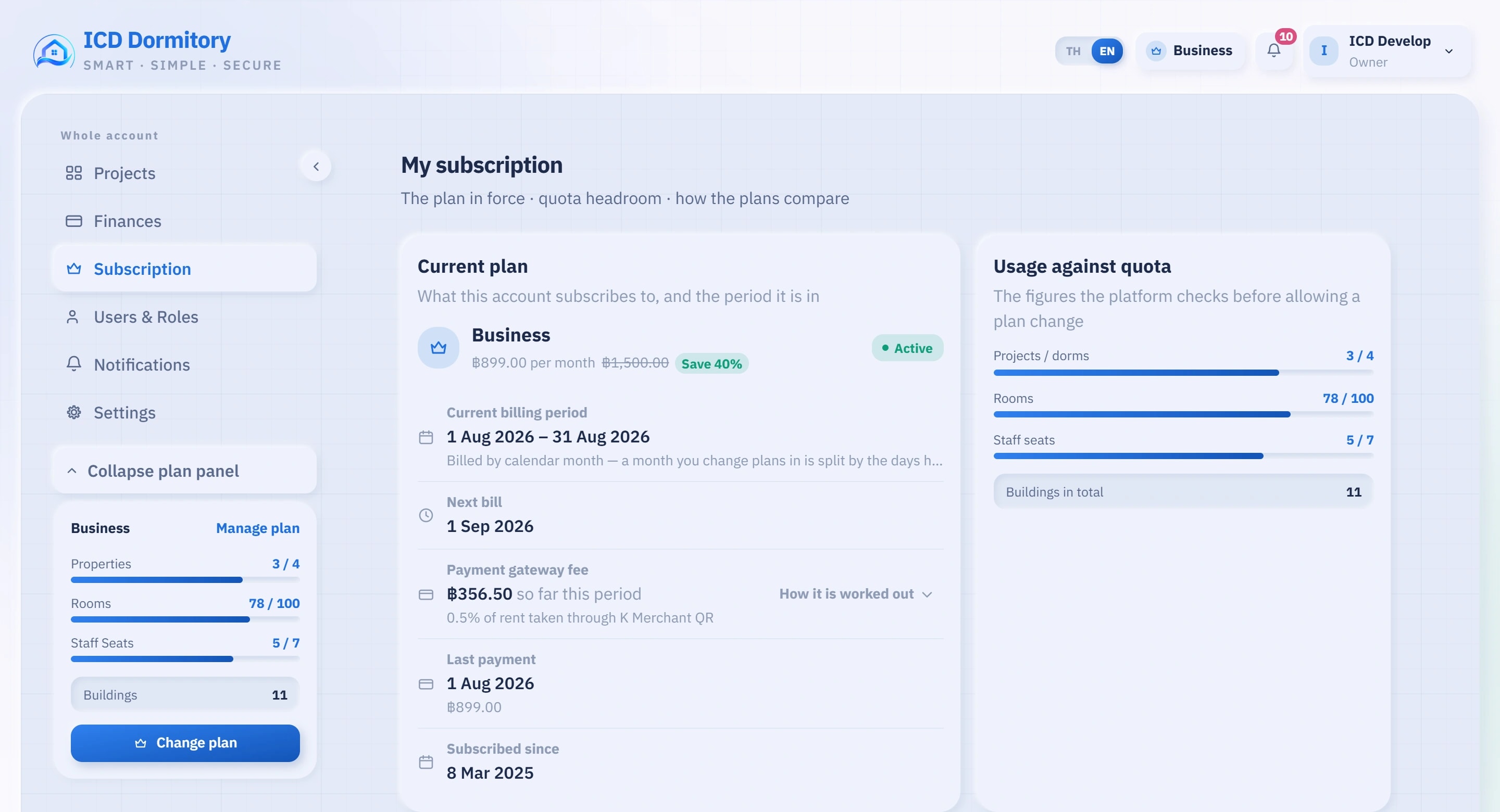 A screenshot of the Plan page: the plan in force, its billing period and the quota used