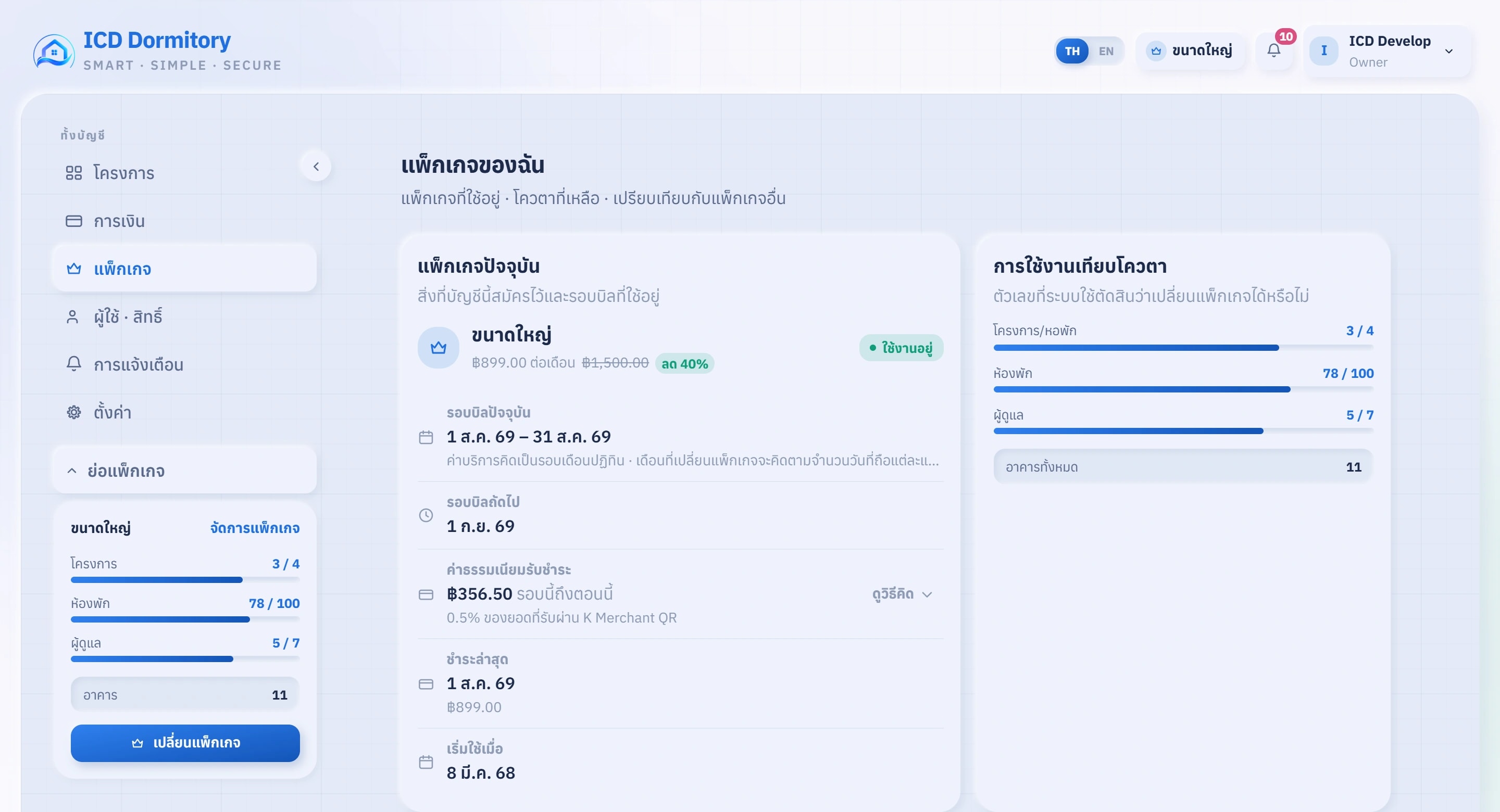 ภาพหน้าจอจริงของหน้าแพ็กเกจ แสดงแพ็กเกจที่ใช้อยู่ รอบบิล และโควตาที่ใช้ไป