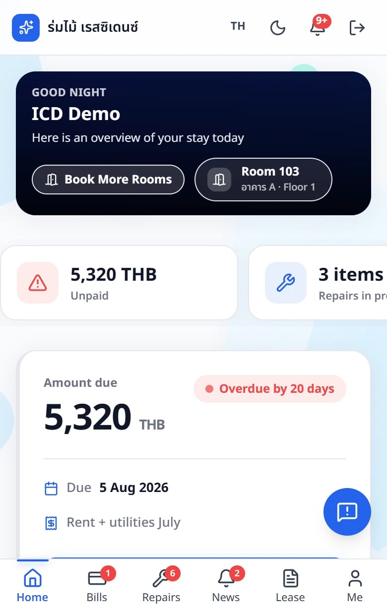 A screenshot of the tenant home screen: the amount due, its due date, the room and lease status, and a button to pay