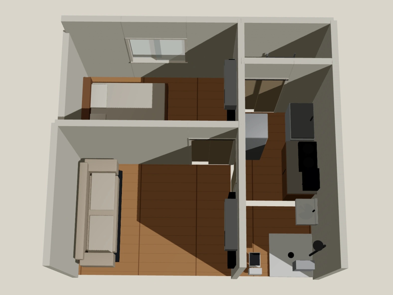 The same room in 3D, seen from above with every part open at once: bed, sofa, kitchen units and bathroom.